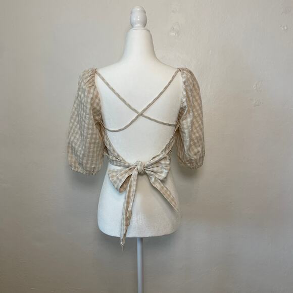 H&M – Gingham Check Linen Cotton Blend Puff Sleeve Open Back Blouse - Picture 4 of 9